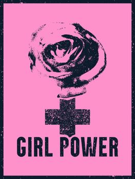 Girl power poster with a female symbol and rose on pink background. GPWR trendy poster with scratch texture effect