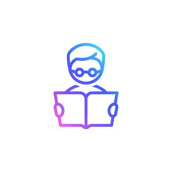 Boy in glasses with a book vector icon. Man reading a book isolated on white background. Trendy color gradient.