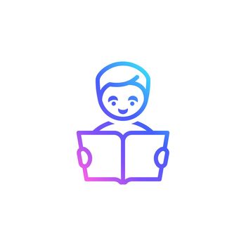 Boy with a book vector icon. Trendy vibrant color gradient. Smiling man reading a book isolated on white background