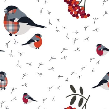 Seamless bullfinch and robin birds pattern with rowanberry on a white background for wallpaper, backdrop, textile.