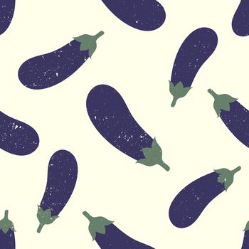Eggplants seamless pattern on beige background with aged scratched paper effect. Hand drawn style. Pastel colors