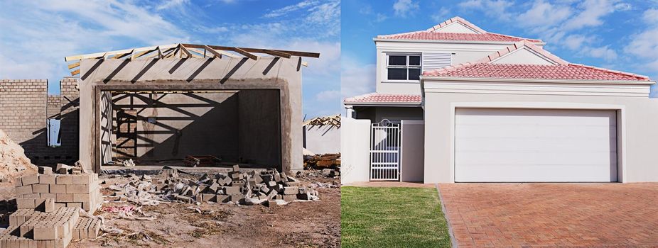 Before and after shot of home from start to finish - The house designs displayed in this image represent a simulation of a real product and have been changed or altered enough by our team of retouching and design specialists so that they are free of any copyright infringements
