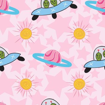 Colorful outer space repeat pattern on pink background