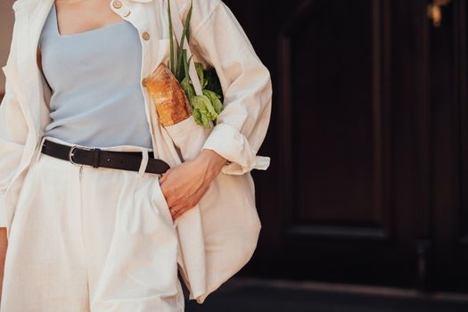 Unrecognisable Stylish Woman Holding Shopping Eco Bag with Groceries Outdoors, Copy Space