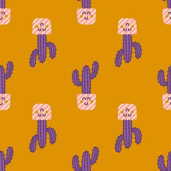 Hand drawn cute succulent cactus house plants in pots, vector seamless pattern for fabric, wallpapers