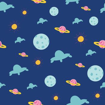 Colorful outer space repeat pattern on dark blue background
