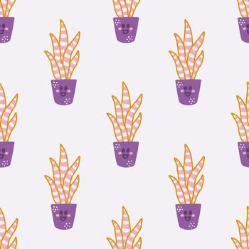 Hand drawn cute succulent house plants in pots, vector seamless pattern for fabric, wallpapers