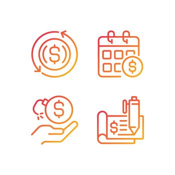 Transactions and payments pixel perfect gradient linear vector icons set