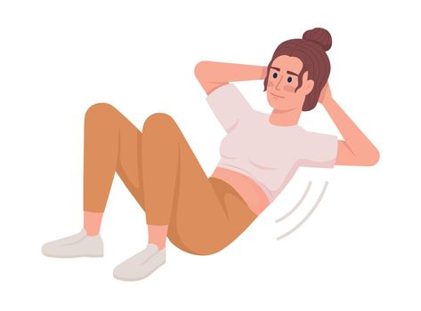 Smiling woman doing abdominal crunches semi flat color vector character