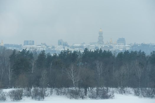 St. Sophia Cathedral in Kiev in winter snowfall. Ukraine.