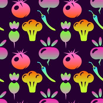 Seamless pattern of vegetables on a purple background in flat style. fresh vegetarian food, neon colors. Simple art objects. Vector illustration, isolated EPS