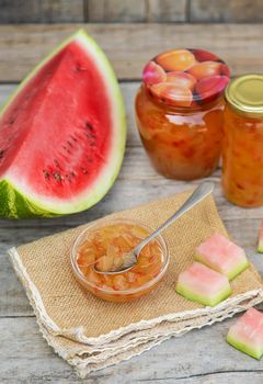 Watermelon peel jam in jars. Selective focus.