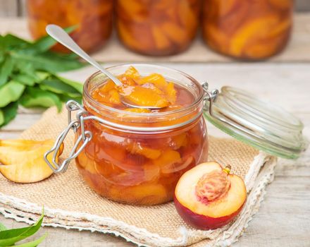 Preservation of nectarine jam. Selective focus. food.