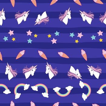 Seamless fantasy pattern unicorns, rainbow, stras and ice cream on purple stripes