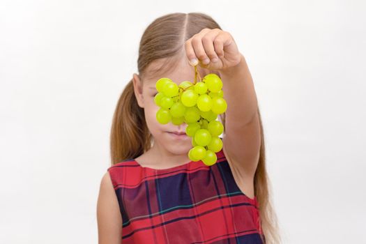 Child holding bunch of grapes