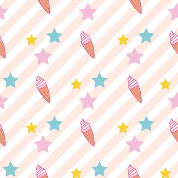 Seamless abstract pattern ice cream and colorful stars on striped background