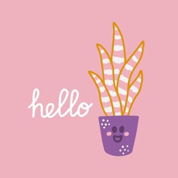 Cute succulent in pot with hand lettering Hello in hand drawn style, ready made postcard design, paper products