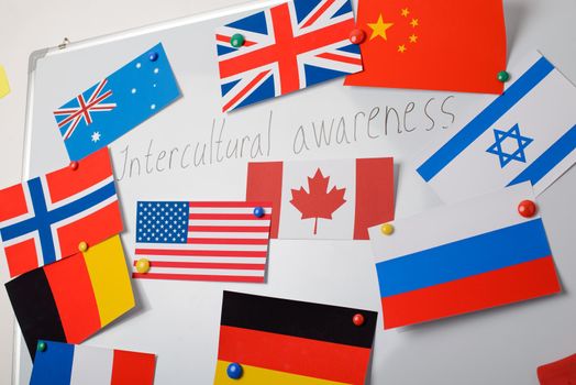 Whiteboard with flags of different countries