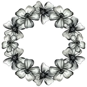 Cute Wreath with Flowers, Leaves and Branches. Circle Frame for Your Text on White Background.