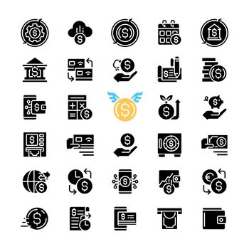 Money black glyph icons set on white space