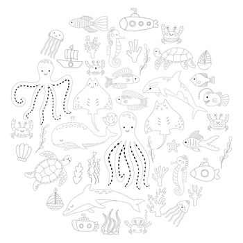 Set of doodles of animals and plants of the underwater world for coloring. Vector illustration of corals and boats. Collection of sea fish in outline
