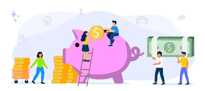 Big piggy bank on a white background with money Businessmen hoarding or saving money Funding vector flat illustrations concept The accumulation of money Economy of funds