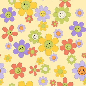 Vector Seamless pattern with Groovy retro flowers. Hippie endless background in 1970s style.