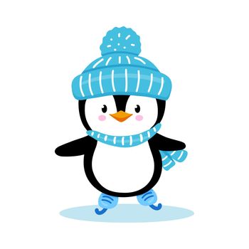 Penguin kid in hat and scarf skates on ice in winter. Cute penguin skater isolated on white background. Childish vector character.