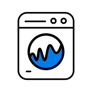 Icon of a washing machine with water shaking inside the washing tank spinning. Vector.