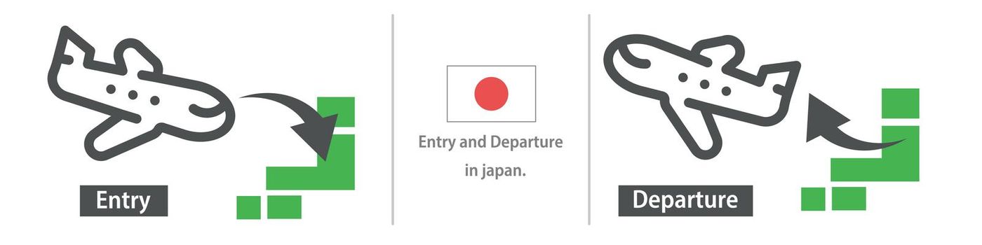 Flight into and out of Japan. Traveling in Japan. Japanese flag and map of Japan. Vector.