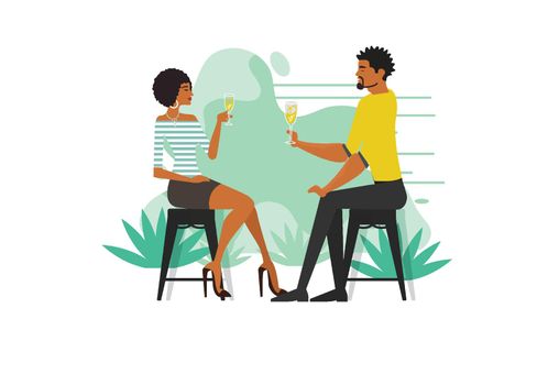 Cartoon couple talking and drinking wine sitting at chair