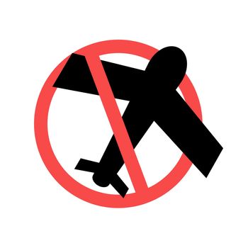 Airplane silhouette and prohibition mark. Departure and entry prohibition sign. Travel prohibited. Vector.