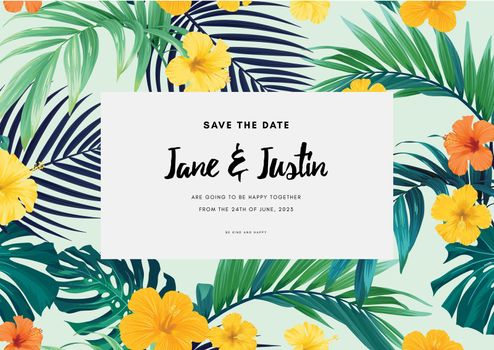 Dark hawaiian floral design with palm leaves and hibiscus flowers. Tropical summer vector background.