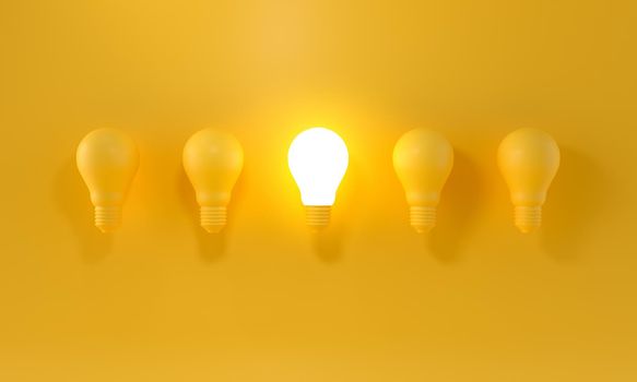 Glowing Light Bulb between the others on yellow background. Leadership, creativity, innovation, great idea and individuality concepts. 3d rendering.