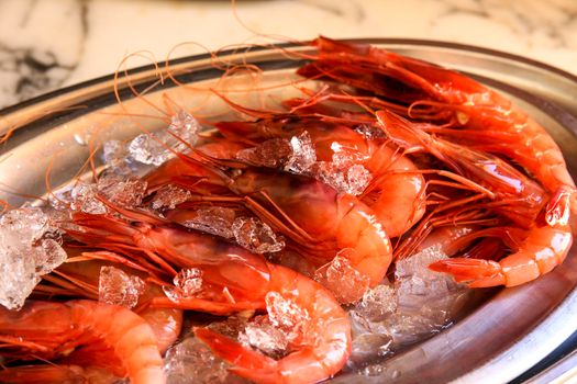 Fresh red prawn on stainless steel tray