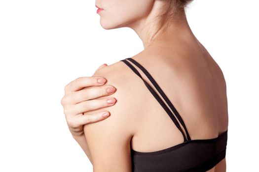 woman with pain on her arm and shoulder on white background.