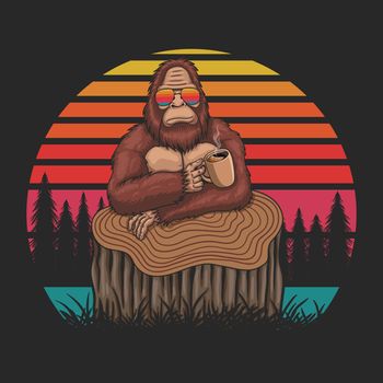 Bigfoot relax drink coffee retro vector illustration