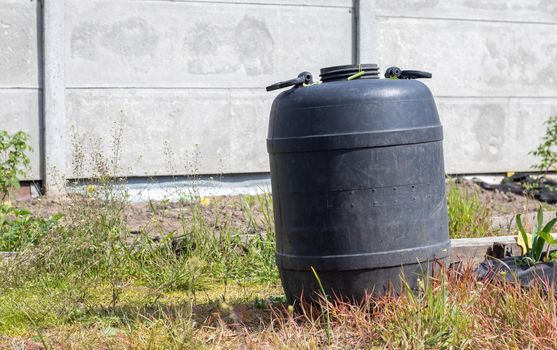 Large black plastic barrel with water in the summer garden. Rainwater tank in the garden, hot summer day. Barrels for watering the garden.