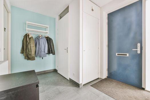Narrow corridor with closet and cabinet