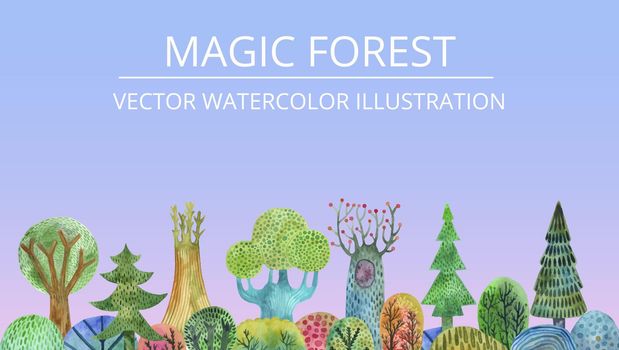 colorful magical forest with trees and mountains