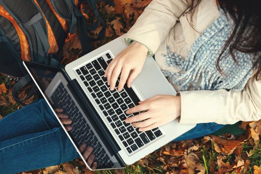 girl uses a laptop while sitting on the grass in the autumn park