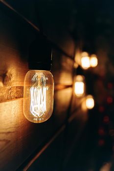 Incandescent Edison type bulb on wooden wall.