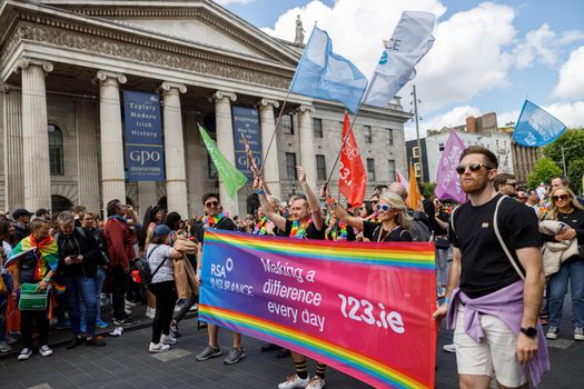Dublin, Ireland, June 25th 2022. Ireland pride 2022 parade with people walking on one of the main city street