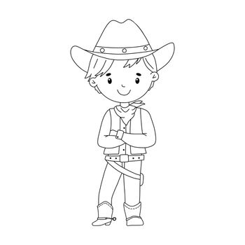 Line cowboy boy in costume. Cute childish outline illustration isolated on white background for coloring page