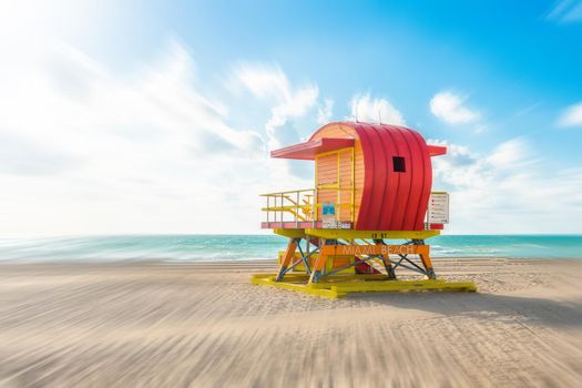 Lifeguard hut on the beach in Miami Florida with motion blur effect