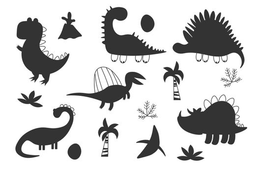 Dinosaur black silhouette set. Reptile shape collection, predators and herbivores dino. Funny dinosaurs. Kids design for fabric or textile. Vector illustration isolated EPS