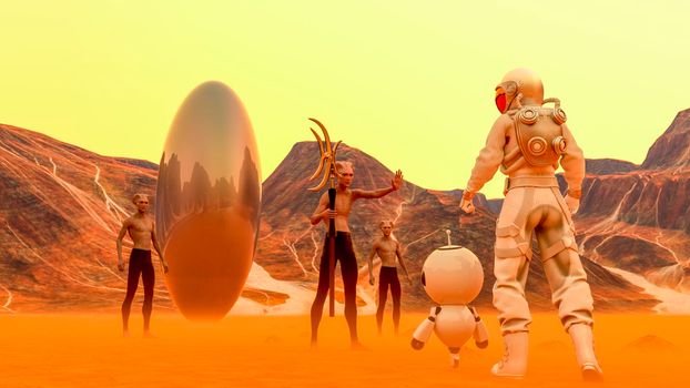 Astronaut and small robot facing a strange egg-shaped object and aliens at the spacewalk on a desert planet