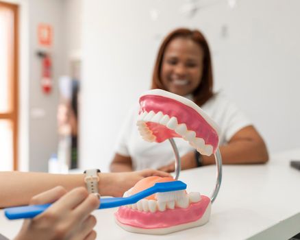 Dentist woman explaining the correct technique for brushing teeth