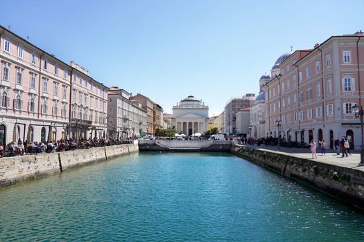 TRIESTE, ITALY - APRIL 24, 2022: Gran Canal and Borgo Teresiano in Trieste, Italy