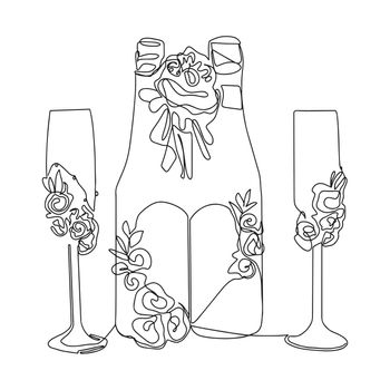 Two bottles of champagne and glasses for a wedding celebration. One line vector illustration
